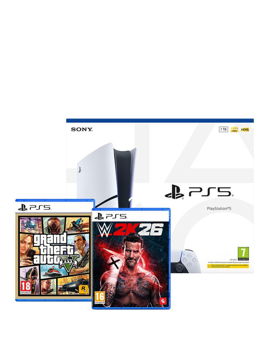 Sony PlayStation 5 Standard Disc Console Bundle – DualSense Grey Camouflage Controller + GTA V + WWE 2K26 (1TB SSD)