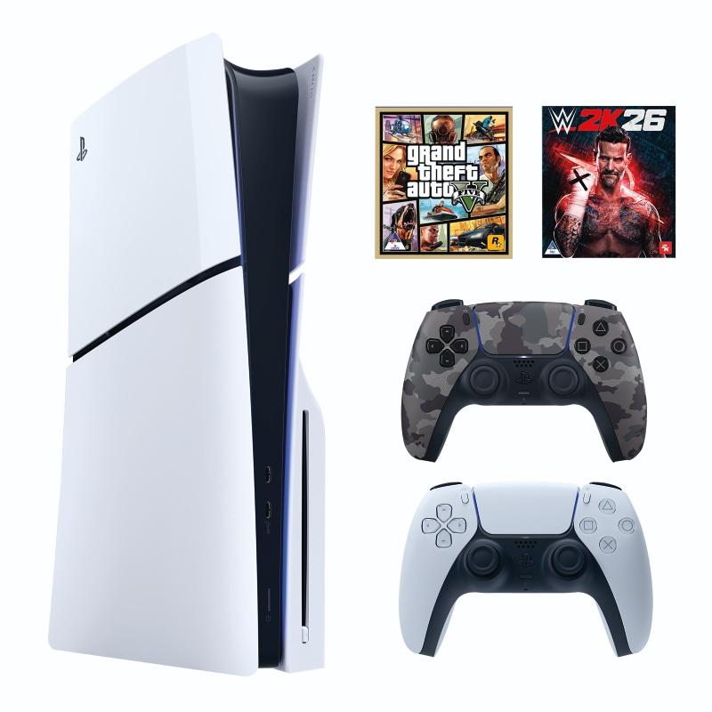 Sony PlayStation 5 Standard Disc Console Bundle – DualSense Grey Camouflage Controller + GTA V + WWE 2K26 (1TB SSD)